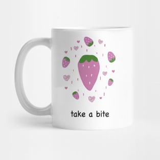 Cute strawberry and hearts with take a bite text Mug